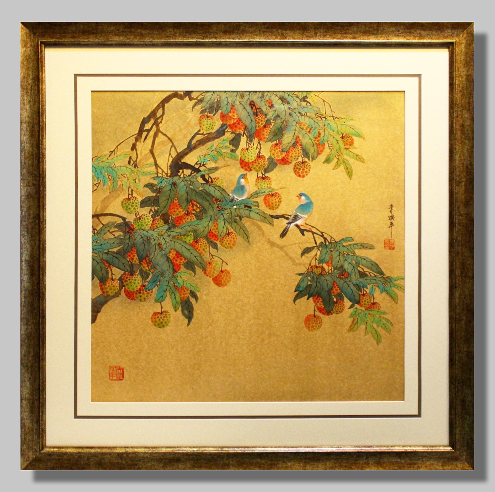 Chinese Tree Birds Rice Paper Art Triple Matboard Border Gold Bronze Frame