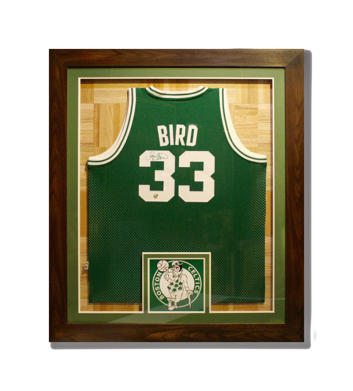 Larry Bird Celtics Signed Jersey Shadow Box Framing Green Matboard White Trim Dark Wood Frame Mounted Logo Photo